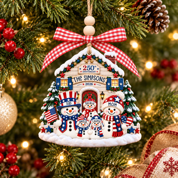 Personalized Patriotic Snowman Family Ornament, Custom Name Christmas Ornament, 2026 Red White Blue Snowy House Acrylic Keepsake Gift CO20