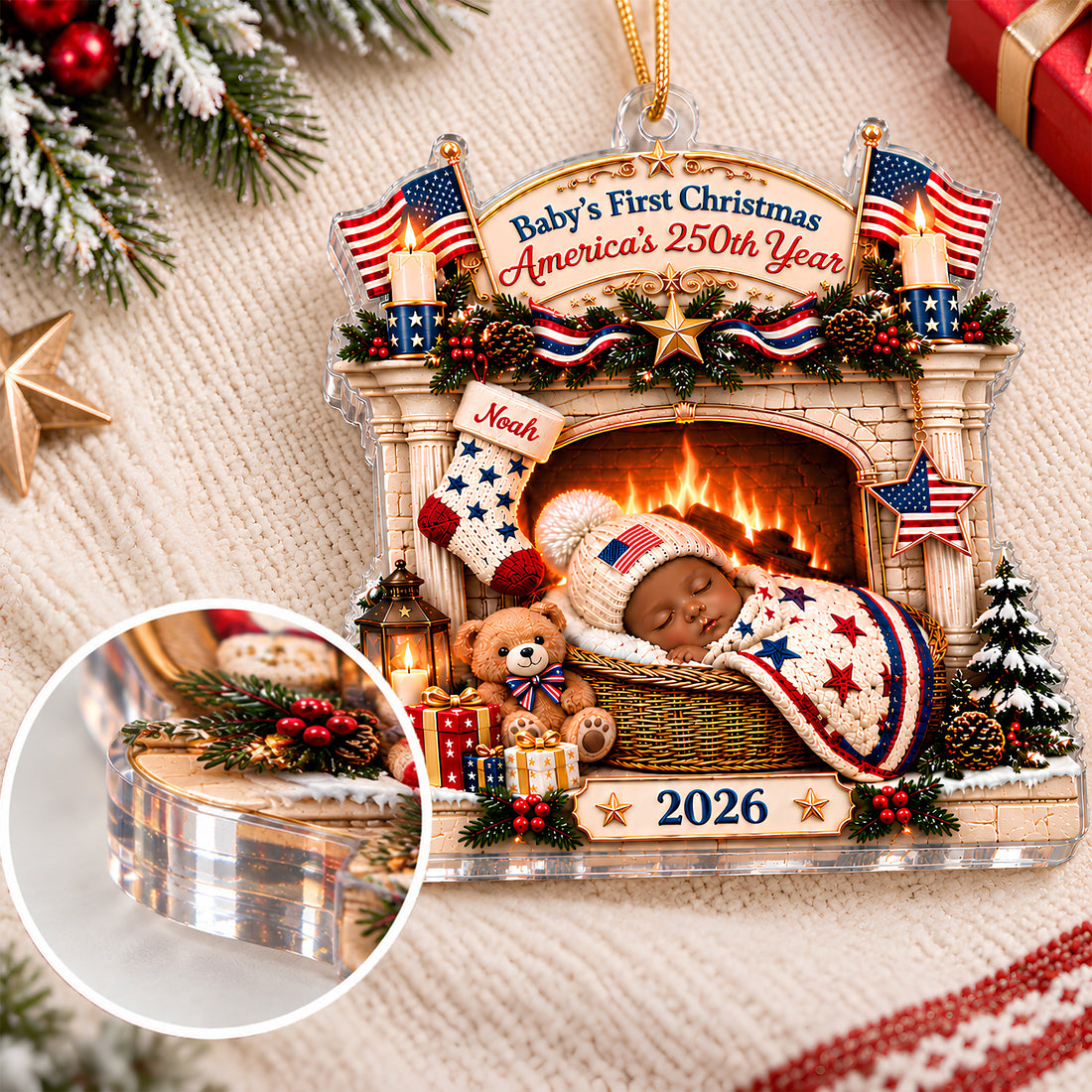 Personalized Baby's First Christmas Ornament 2026, Custom Name Baby Fireplace Patriotic Ornament, New Baby Keepsake Gift CO54