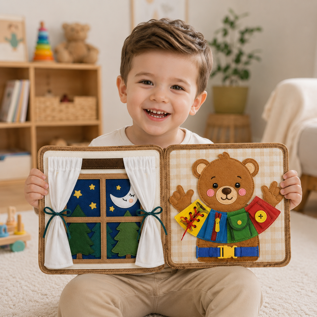 Bear Theme - Personalized Busy Book For Kids, Handmade Felt Quite Book, Montessori Fabric Busy Book