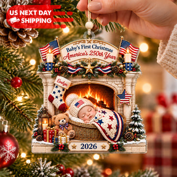 Personalized Baby's First Christmas Ornament 2026, Custom Name Baby Fireplace Patriotic Ornament, New Baby Keepsake Gift CO54