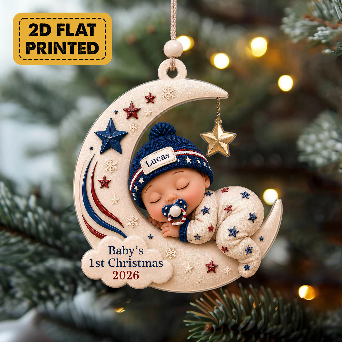 Personalized Baby's First Christmas Ornament 2026, Custom Name Sleeping Baby on Moon Acrylic Christmas Ornament, Newborn Keepsake Gift CF62