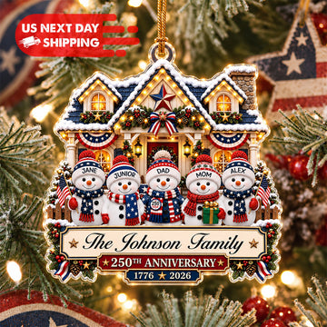 Personalized Patriotic Snowman Family Ornament, Custom Name Christmas Ornament 2026, Red White Blue Cozy House Acrylic Keepsake Gift CO21