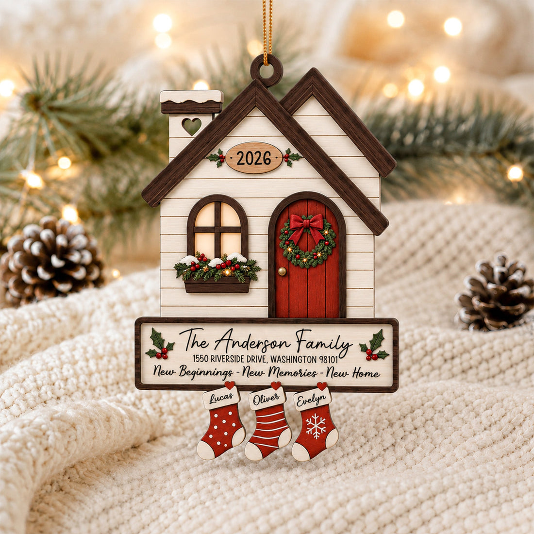Personalized New Home Christmas Ornament 2026, Custom Family Name Wood House Ornament With Stockings, Housewarming Keepsake Gift CF705