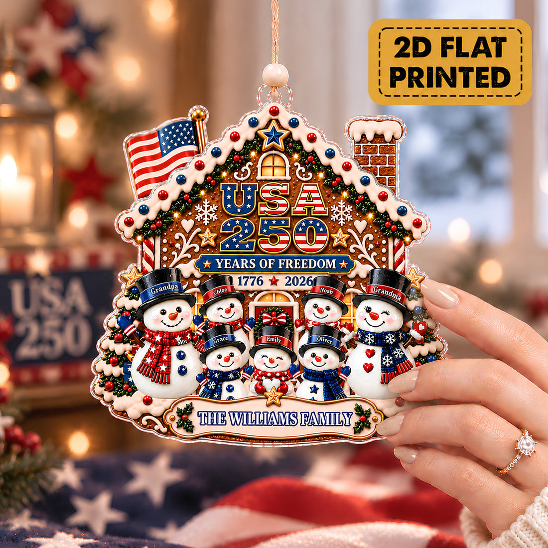 Personalized Patriotic Snowman Family Ornament, Custom Name Gingerbread House Christmas Ornament, 2026 Family Xmas Acrylic Keepsake Gift CO24