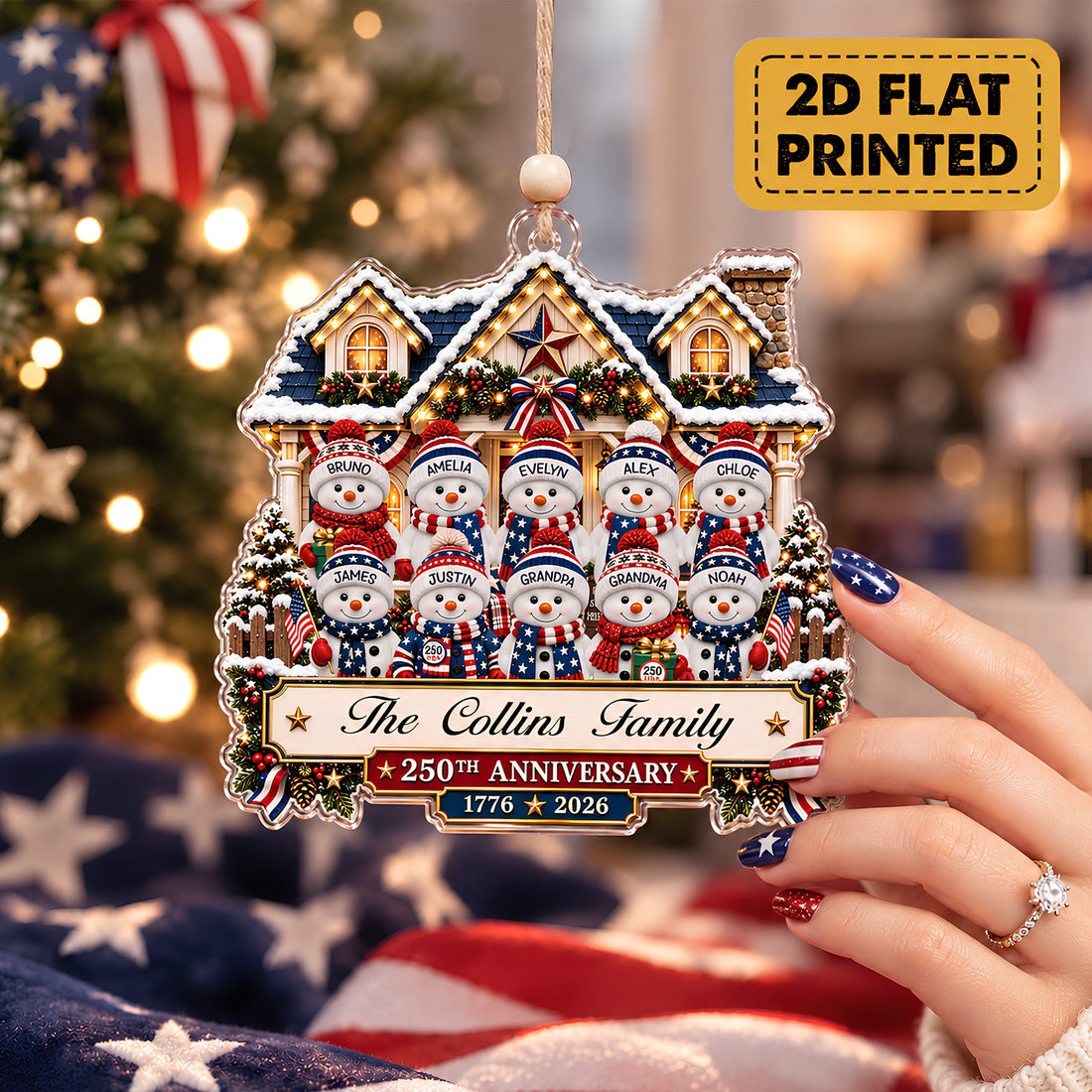 Personalized Patriotic Snowman Family Ornament, Custom Name Christmas Ornament 2026, Red White Blue Cozy House Acrylic Keepsake Gift CO21