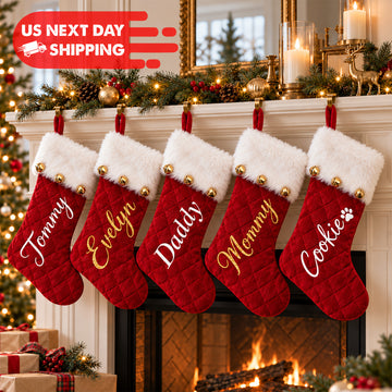 Personalized Velvet Christmas Stocking With Name – Custom Quilted Stocking With Plush Fur Cuff & Jingle Bells, Family Mantel Decor & Christmas Gift KH14