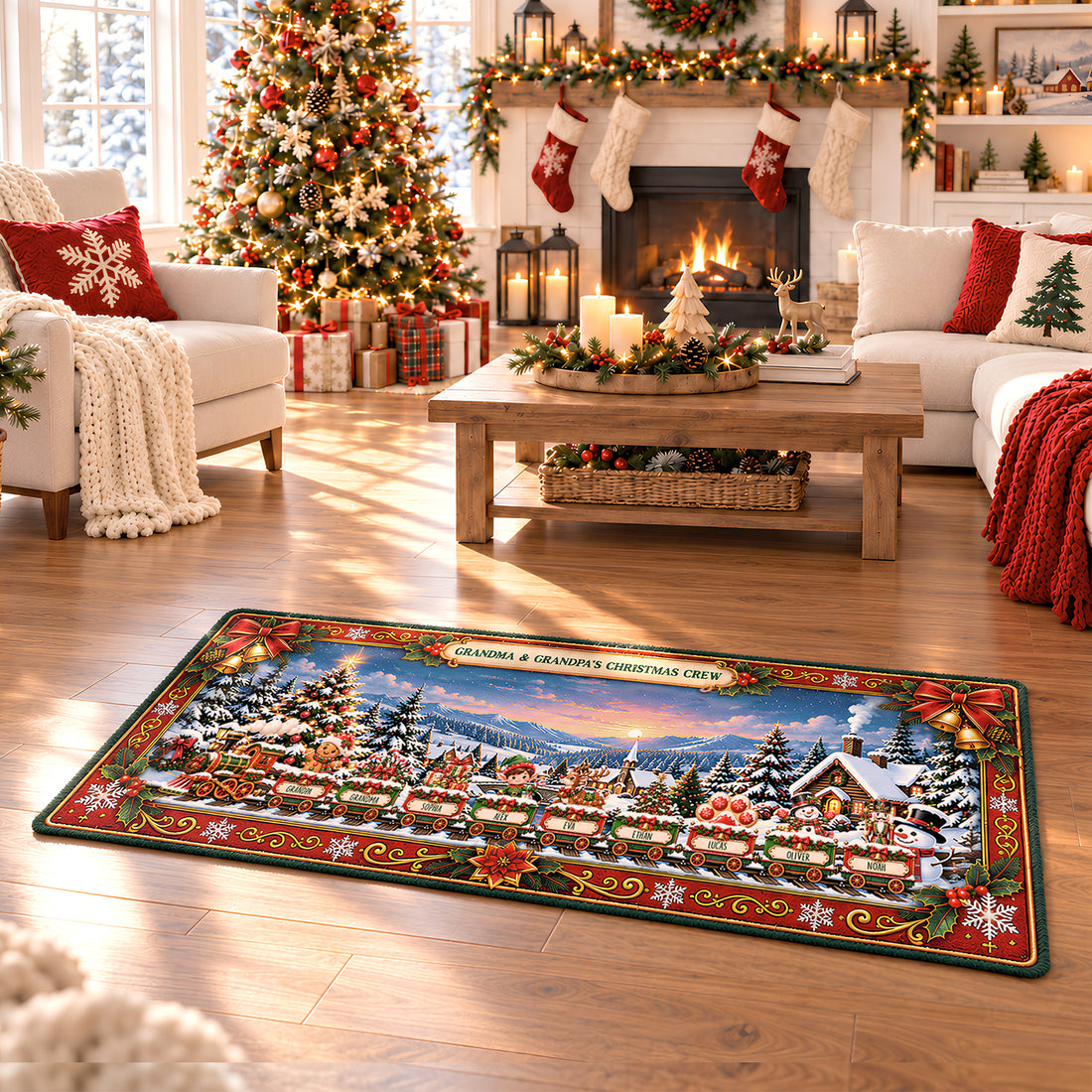 Personalized Christmas Runner Rug, Custom Family Christmas Train Rug, Holiday Entryway Decor for Grandma & Family DM12