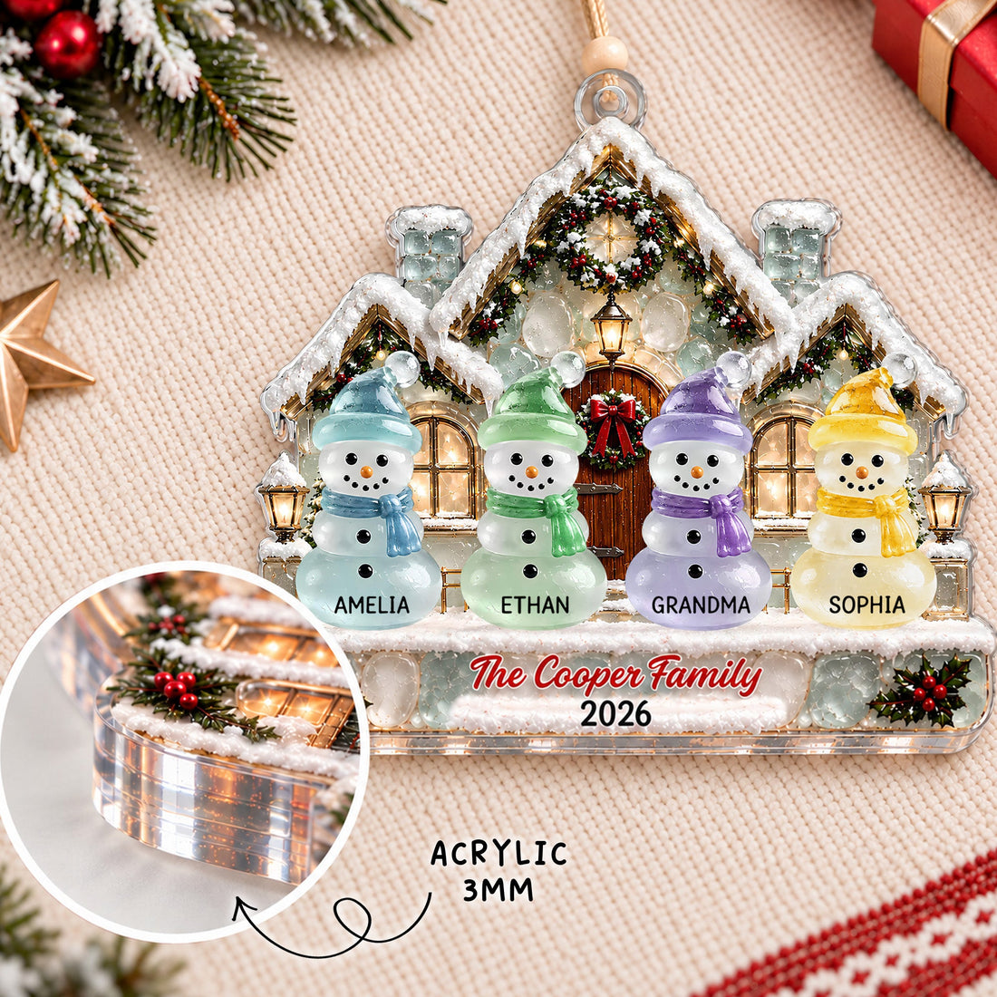 Personalized Snowman Family Christmas Ornament, Custom Name Christmas Ornament with Cozy Winter House, Acrylic Family Keepsake Gift 2026 CO08