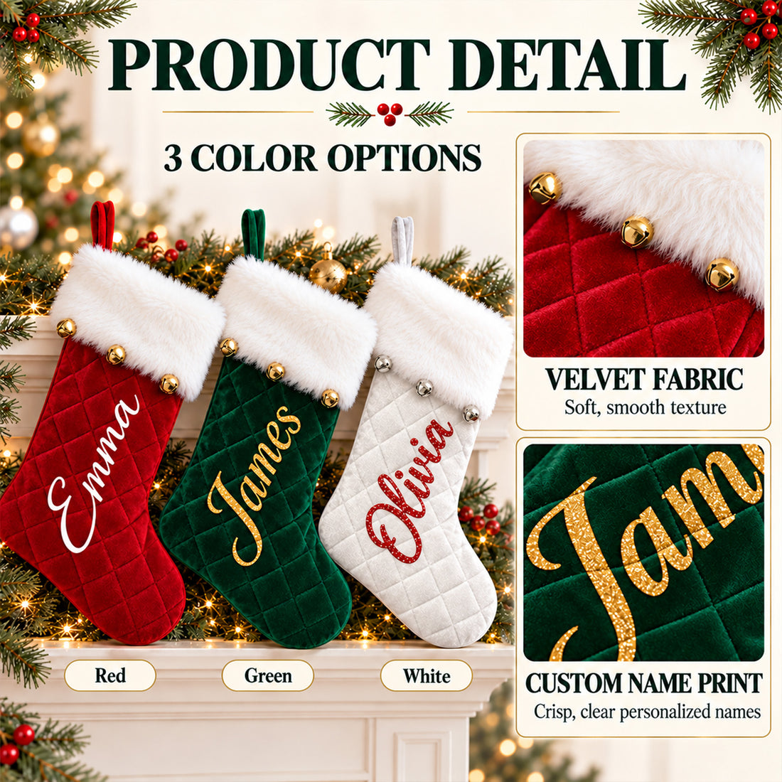 Personalized Velvet Christmas Stocking With Name – Custom Quilted Stocking With Plush Fur Cuff & Jingle Bells, Family Mantel Decor & Christmas Gift KH14