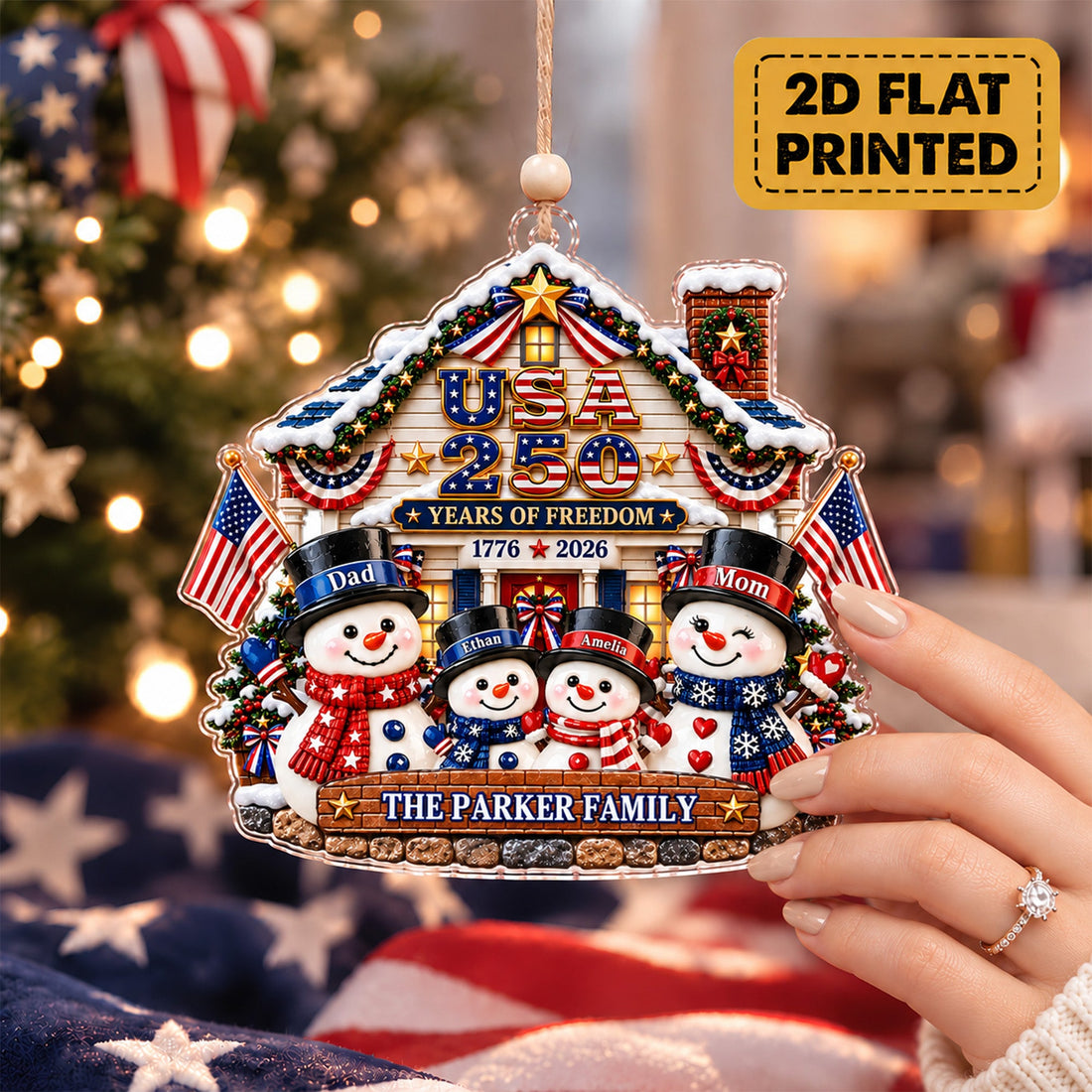 Personalized USA 250 Snowman Family Ornament, Custom Name 2026 Christmas Ornament, 250th Anniversary Patriotic Acrylic House Decoration, Family Keepsake Gift CO46