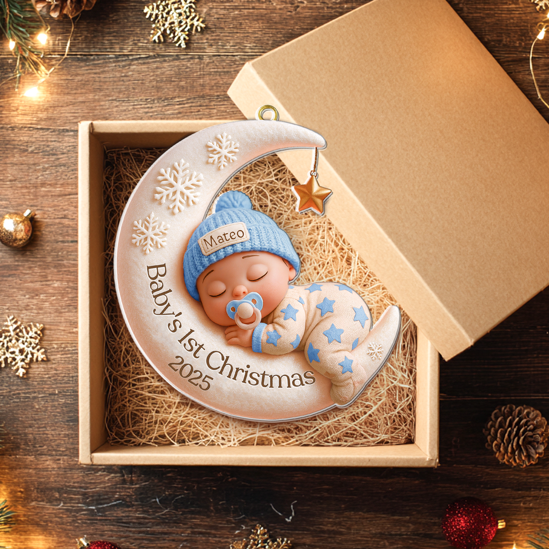 Custom Baby First Christmas Ornament, Moon Sleeping Design, Personalized Acrylic Keepsake, Unique Newborn Gift, Holiday Tree Decoration