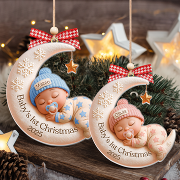 Custom Baby First Christmas Ornament, Moon Sleeping Design, Personalized Acrylic Keepsake, Unique Newborn Gift, Holiday Tree Decoration