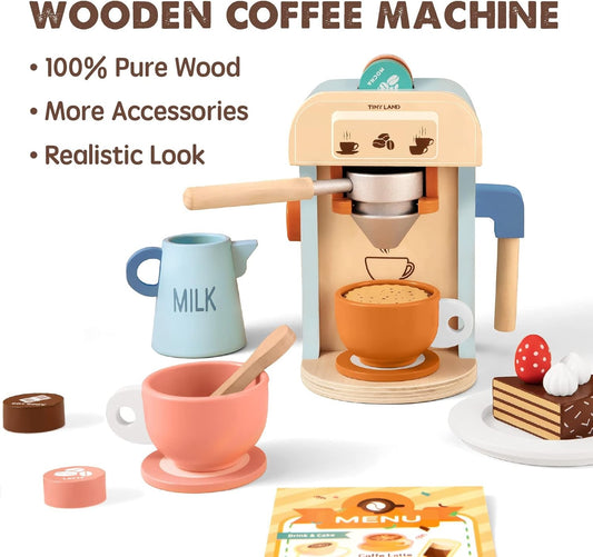 Kids Coffee Maker Wooden Kitchen Toys - 17Pcs Toy Coffee Maker Playset - Wooden Play Toys, Play Kitchen Accessories for Girls & Boys