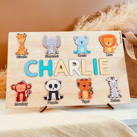 Wild Animals Personalized Name Puzzle - Wooden Montessori Toys, birthday presents for first birthday | KindlyToys