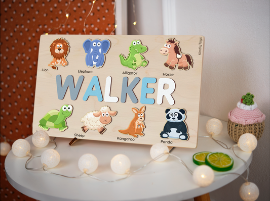 Cute Zoo Animals Personalized Name Puzzle - Wooden Montessori Toys, first birthday present ideas | KindlyToys
