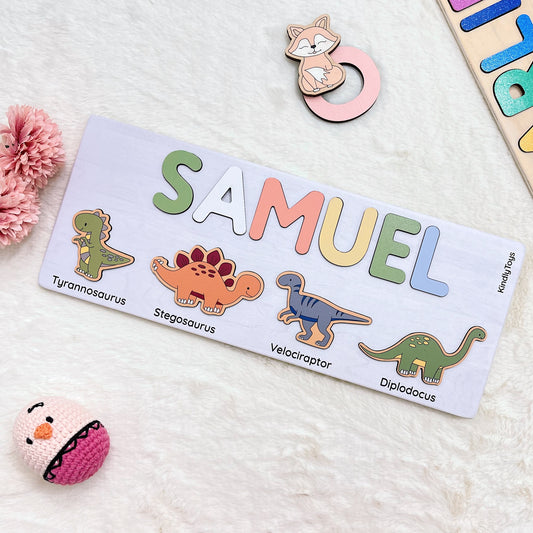 Cute Dinosaurs Personalized Name Puzzle - Wooden Montessori Toys, Birthday Gifts for 1 year old boy | KindlyToys