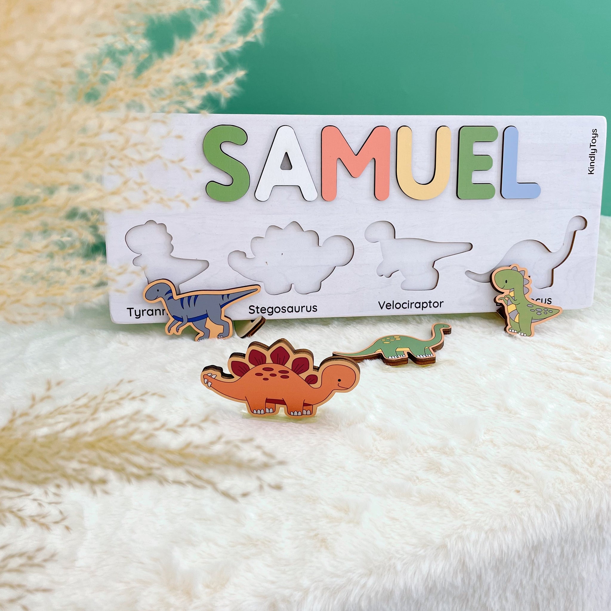Cute Dinosaurs Personalized Name Puzzle - Wooden Montessori Toys | KindlyToys