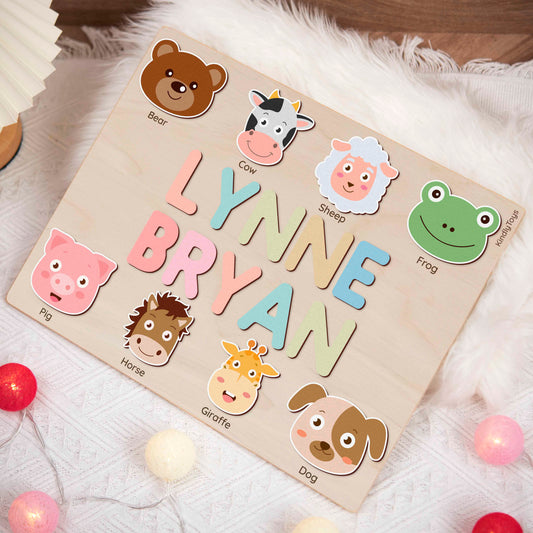 Adorable Animal Personalized Name Puzzle - Wooden Montessori Toys, 1st Birthday Gifts for Kids | KindlyToys